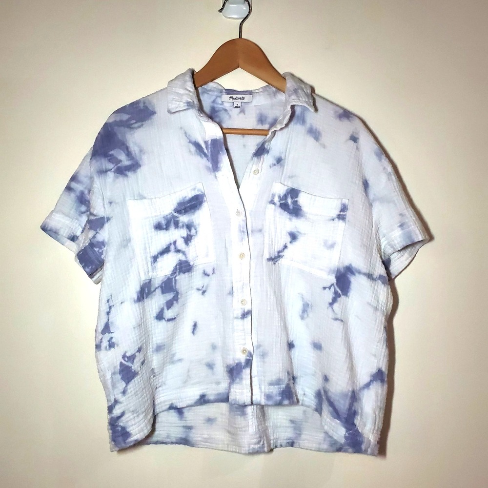 Madewell Womens Tie Dye Top M Blue White‎ Button Front Lightspun Beachside Shirt